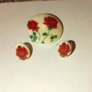 VINTAGE ROSE BROOCH AND EARRING SET